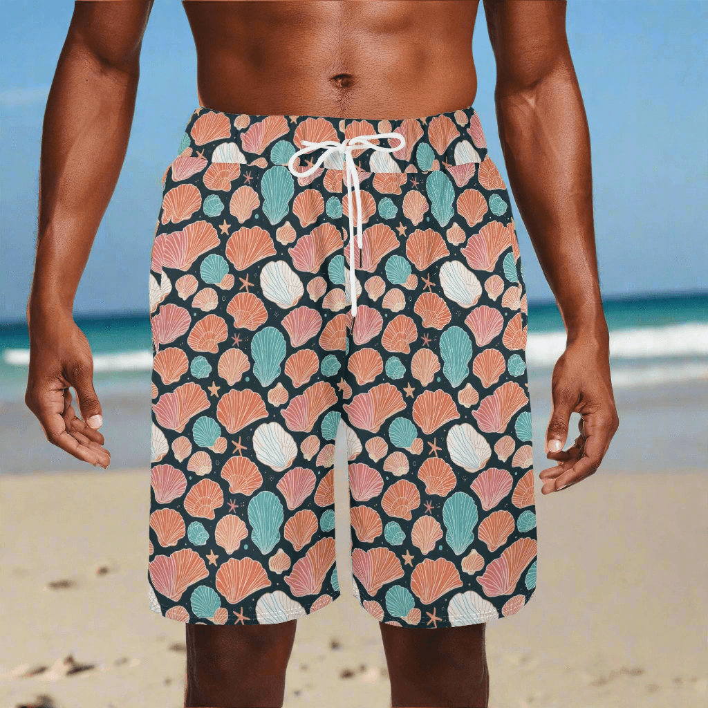 Men's Big Shells and Stars Mesh Shorts Sea Life Swim Trunks - DeRose Seasonal