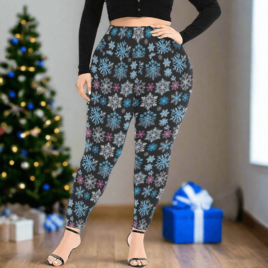 party Snowflake Women's Plus Size High Waited Leggings Women's High Waist Leggings(Plus Size)(ModelL45) - DeRose Seasonal