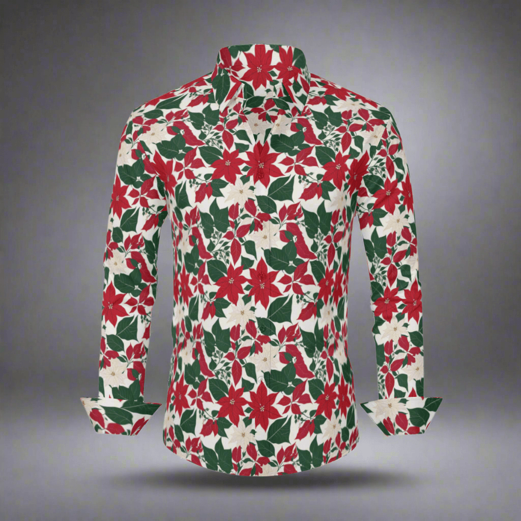 Red and White Poinsettia Flower Men's Classic Long-Sleeved Button up Polyester Dress Shirt - DeRose Seasonal