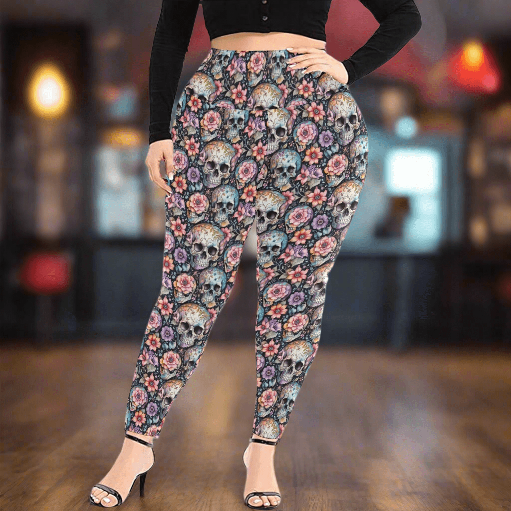 Pastel Floral and Skulls Women's Plus Size High Waited Leggings Women's High Waist Leggings(Plus Size)(ModelL45) - DeRose Seasonal