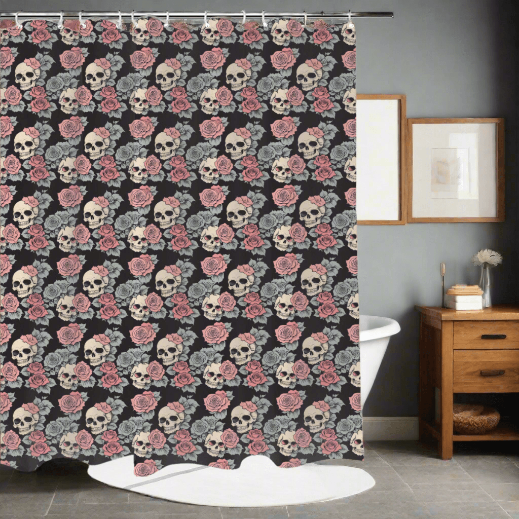 Skull and Pink Rose Bathroom Four-Piece Set(Shower Curtain + Toilet Cover Mat + Toilet Foot Mat + Floor Mat)| Polyester - DeRose Seasonal