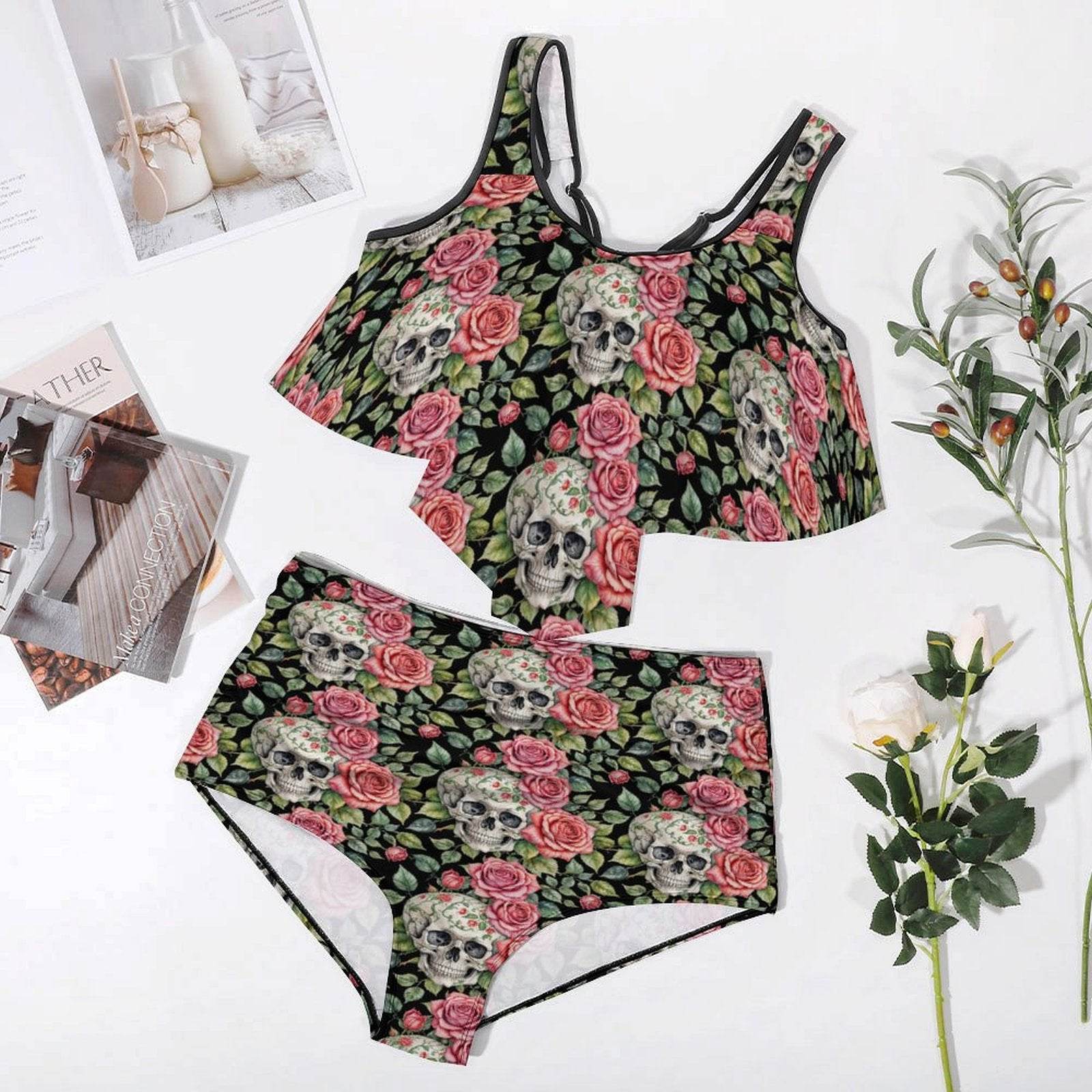 Plus Size Pink Skulls Two-piece Swimsuit - DeRose Seasonal