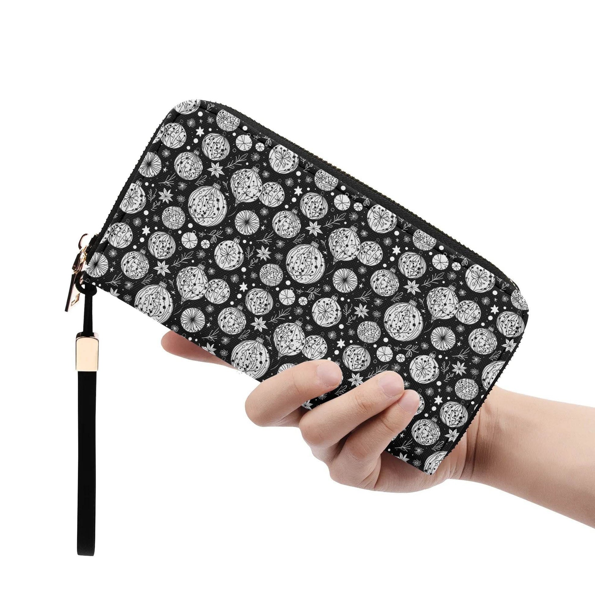 Black and White Ornament Women's Leather Zipper Wristlet Wallet - DeRose Seasonal