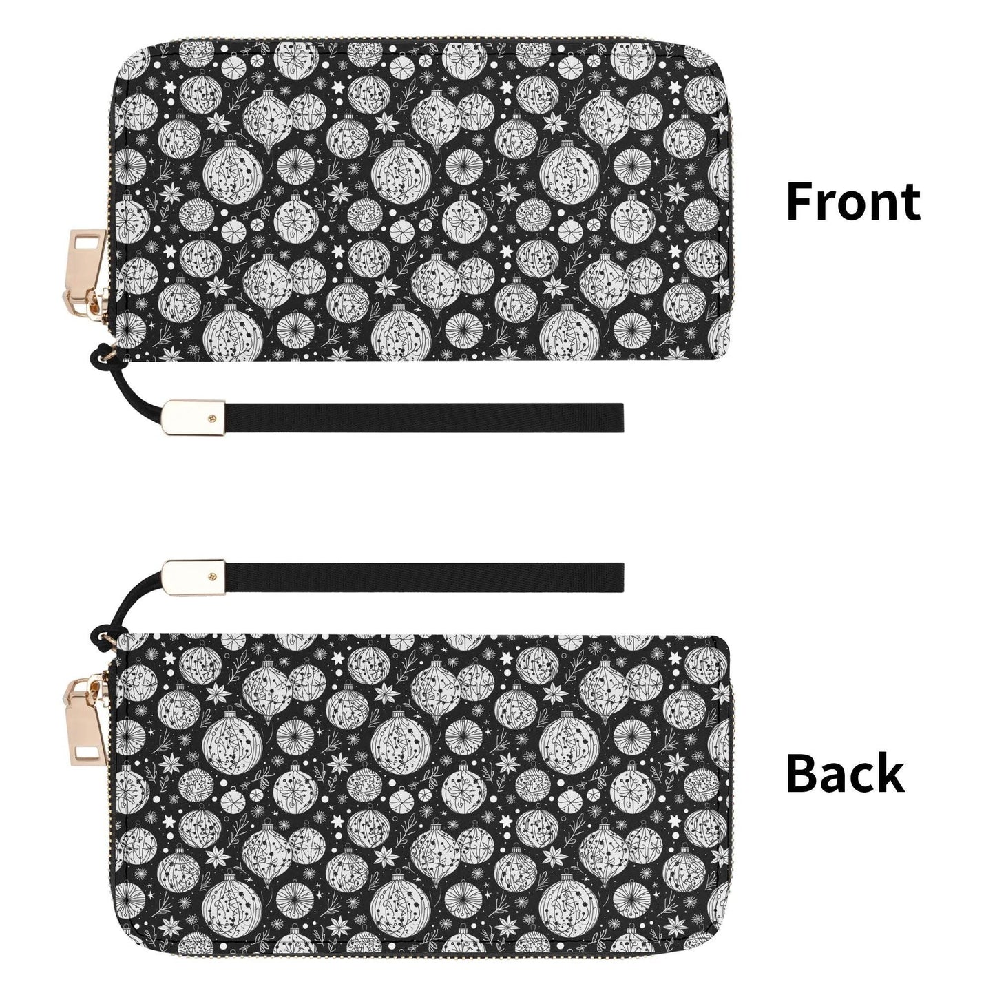 Black and White Ornament Women's Leather Zipper Wristlet Wallet - DeRose Seasonal