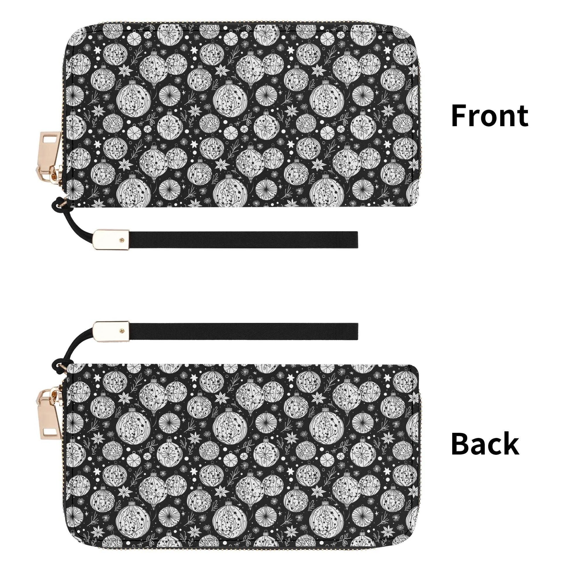 Black and White Ornament Women's Leather Zipper Wristlet Wallet - DeRose Seasonal