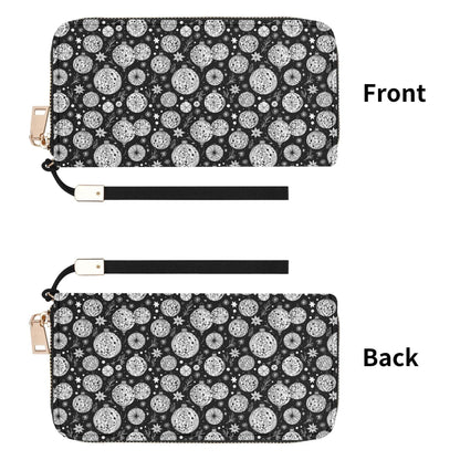 Black and White Ornament Women's Leather Zipper Wristlet Wallet - DeRose Seasonal