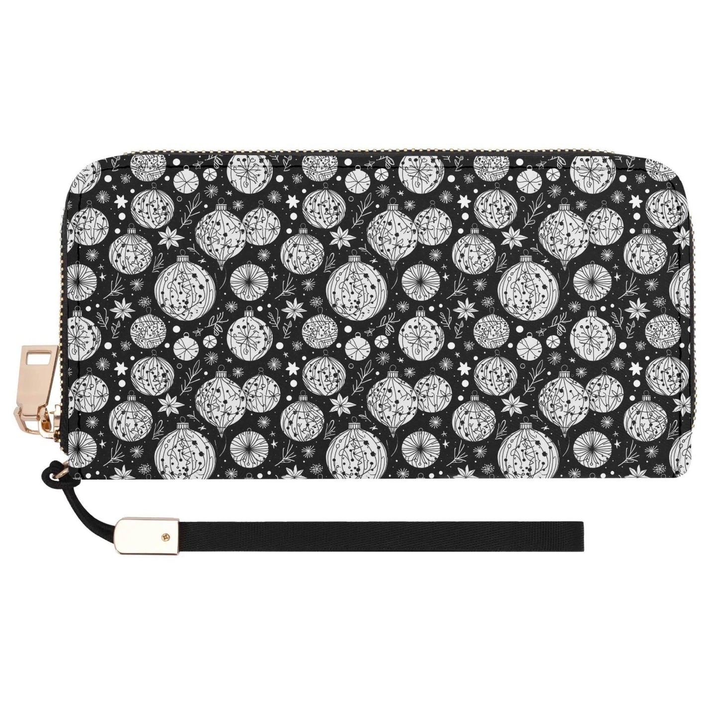 Black and White Ornament Women's Leather Zipper Wristlet Wallet - DeRose Seasonal