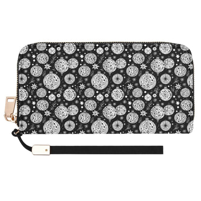Black and White Ornament Women's Leather Zipper Wristlet Wallet - DeRose Seasonal