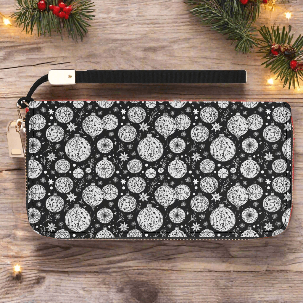 Black and White Ornament Women's Leather Zipper Wristlet Wallet - DeRose Seasonal