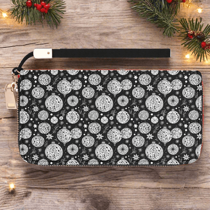 Black and White Ornament Women's Leather Zipper Wristlet Wallet - DeRose Seasonal