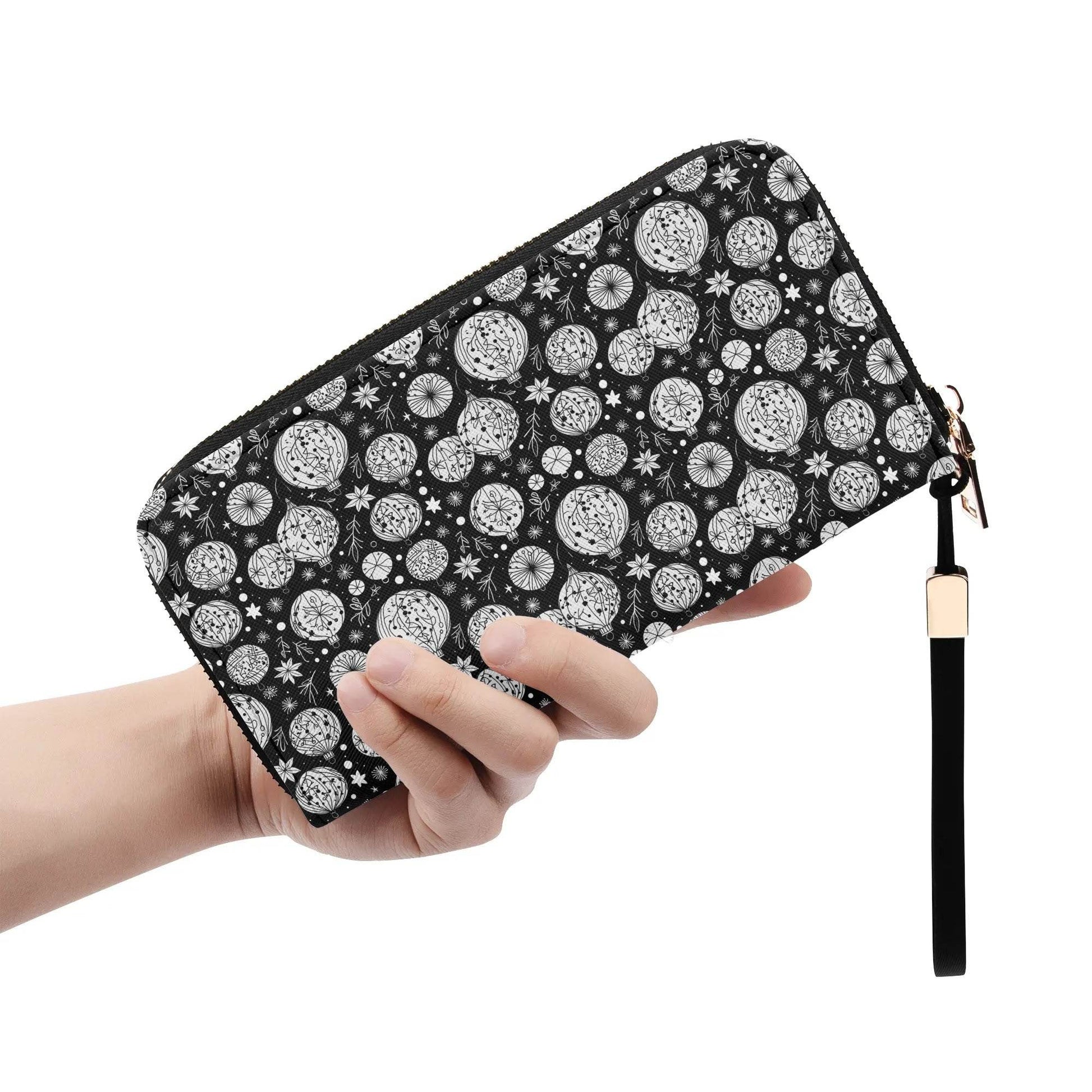 Black and White Ornament Women's Leather Zipper Wristlet Wallet - DeRose Seasonal