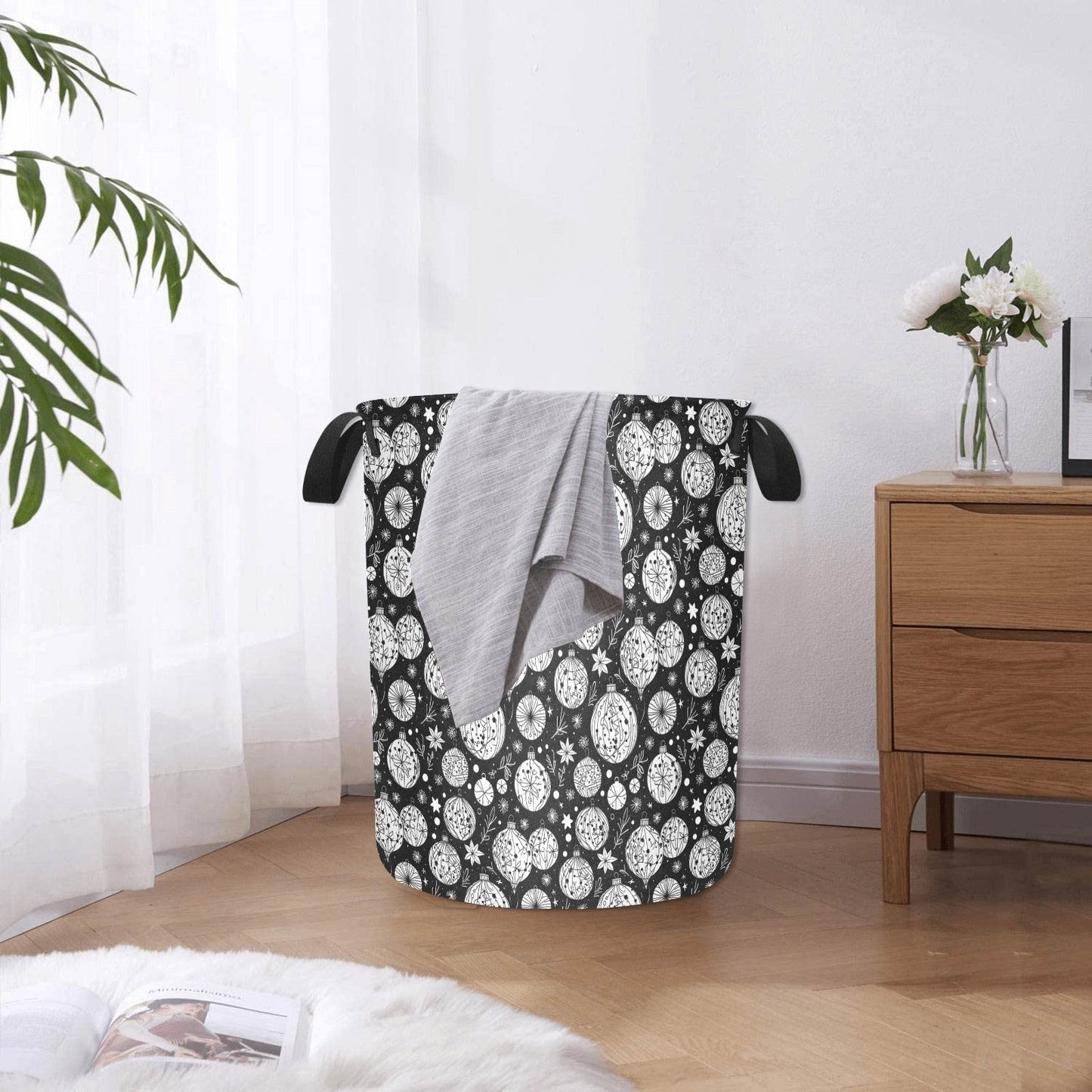 Black and White Ornament Polyester Laundry and Blanket Basket - DeRose Seasonal