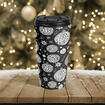 Stainless Steel Black and White Ornament Travel Mug - DeRose Seasonal