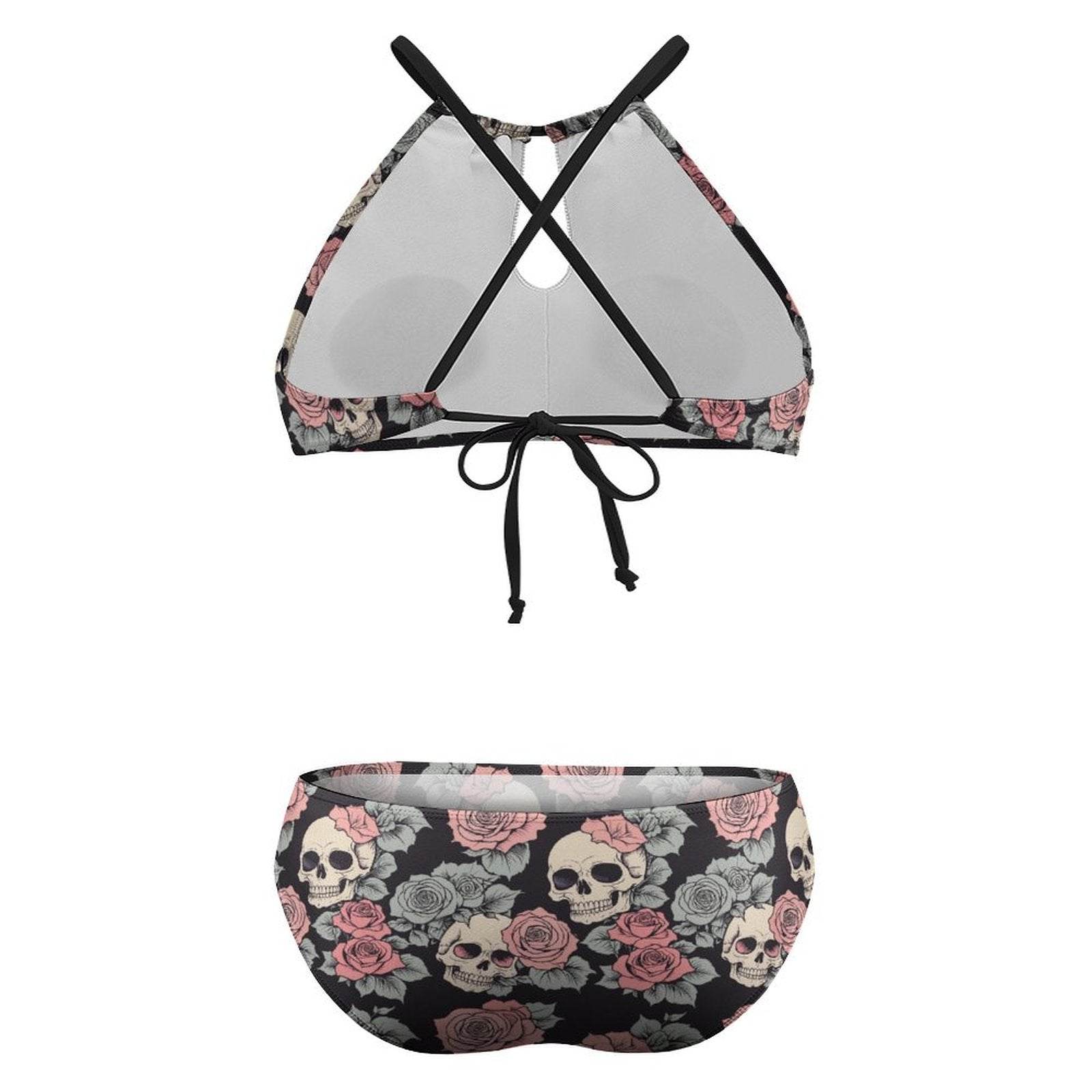 Plus Size Skull and Pink Rose Two-piece Swimsuit - DeRose Seasonal