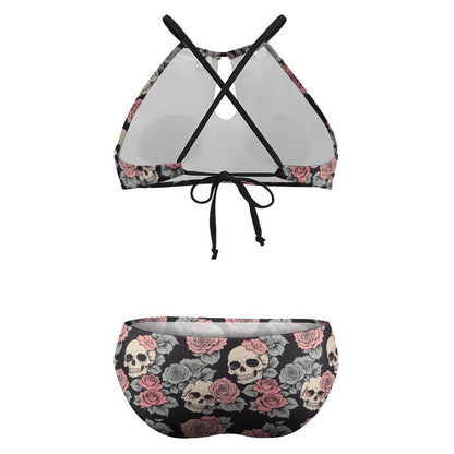 Plus Size Skull and Pink Rose Two-piece Swimsuit - DeRose Seasonal