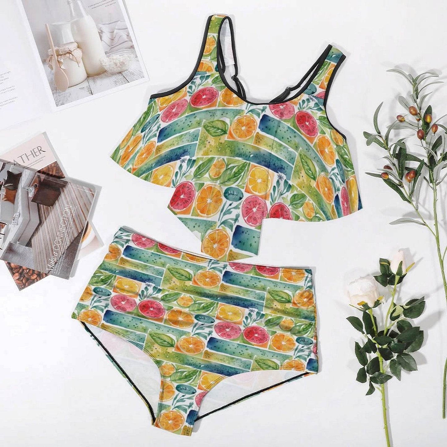Plus Size Watercolor Fruit Two-piece Swimsuit - DeRose Seasonal