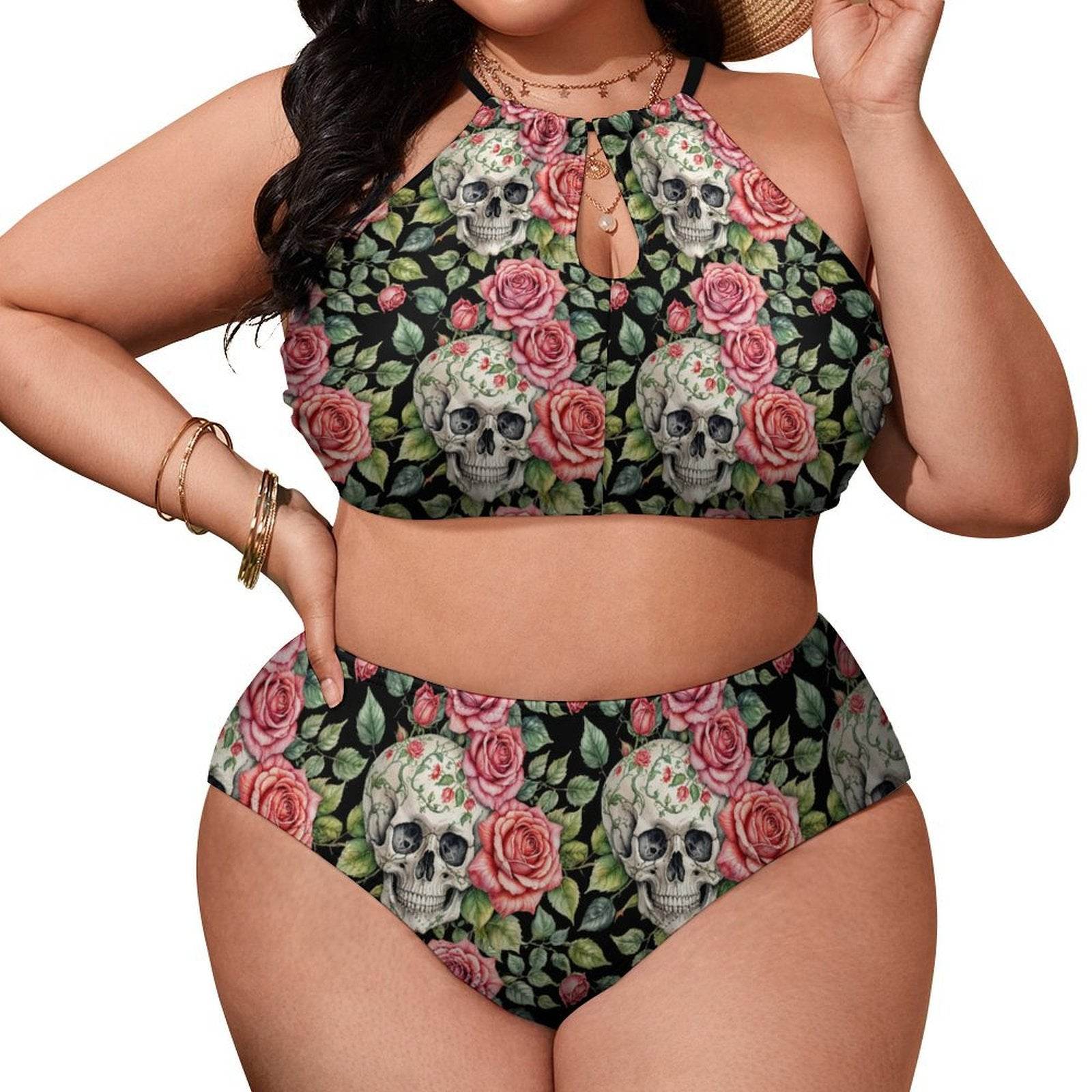 Plus Size Pink Skulls Two-piece Swimsuit - DeRose Seasonal