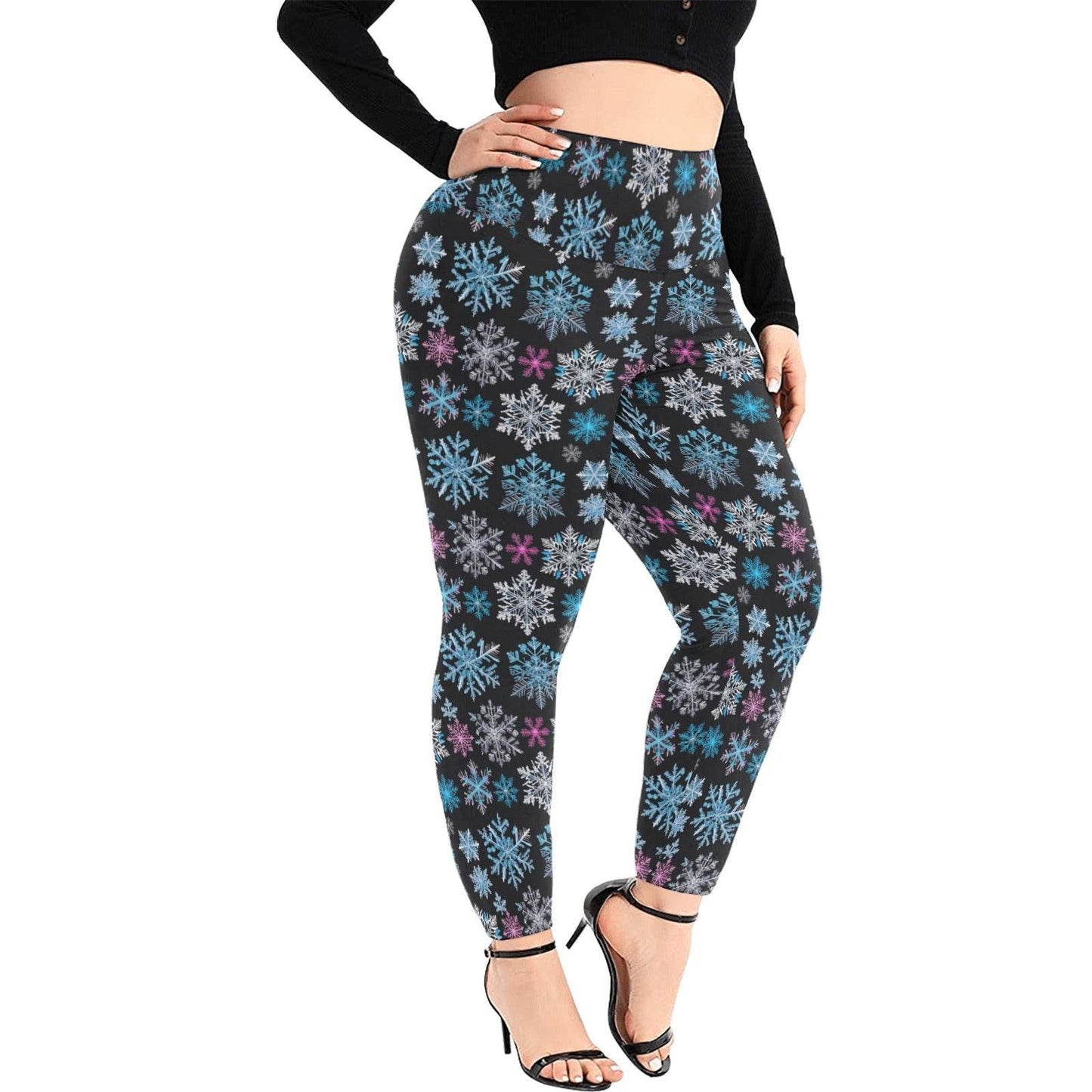 party Snowflake Women's Plus Size High Waited Leggings Women's High Waist Leggings(Plus Size)(ModelL45) - DeRose Seasonal