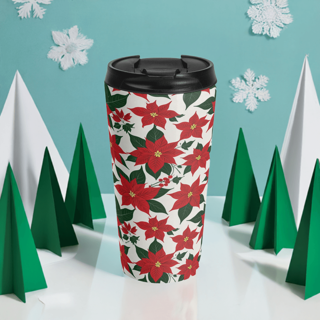 Stainless Steel Poinsettia Floral Travel Mug - DeRose Seasonal